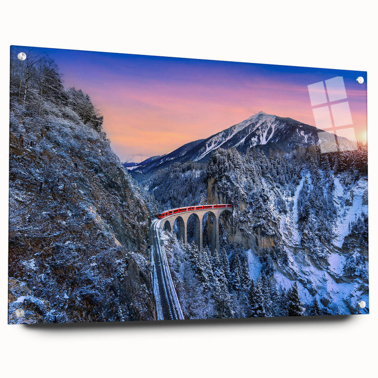 Side view of a large abstract train depicted in vibrant blue and orange tones on acrylic glass, ideal for dining room decor.