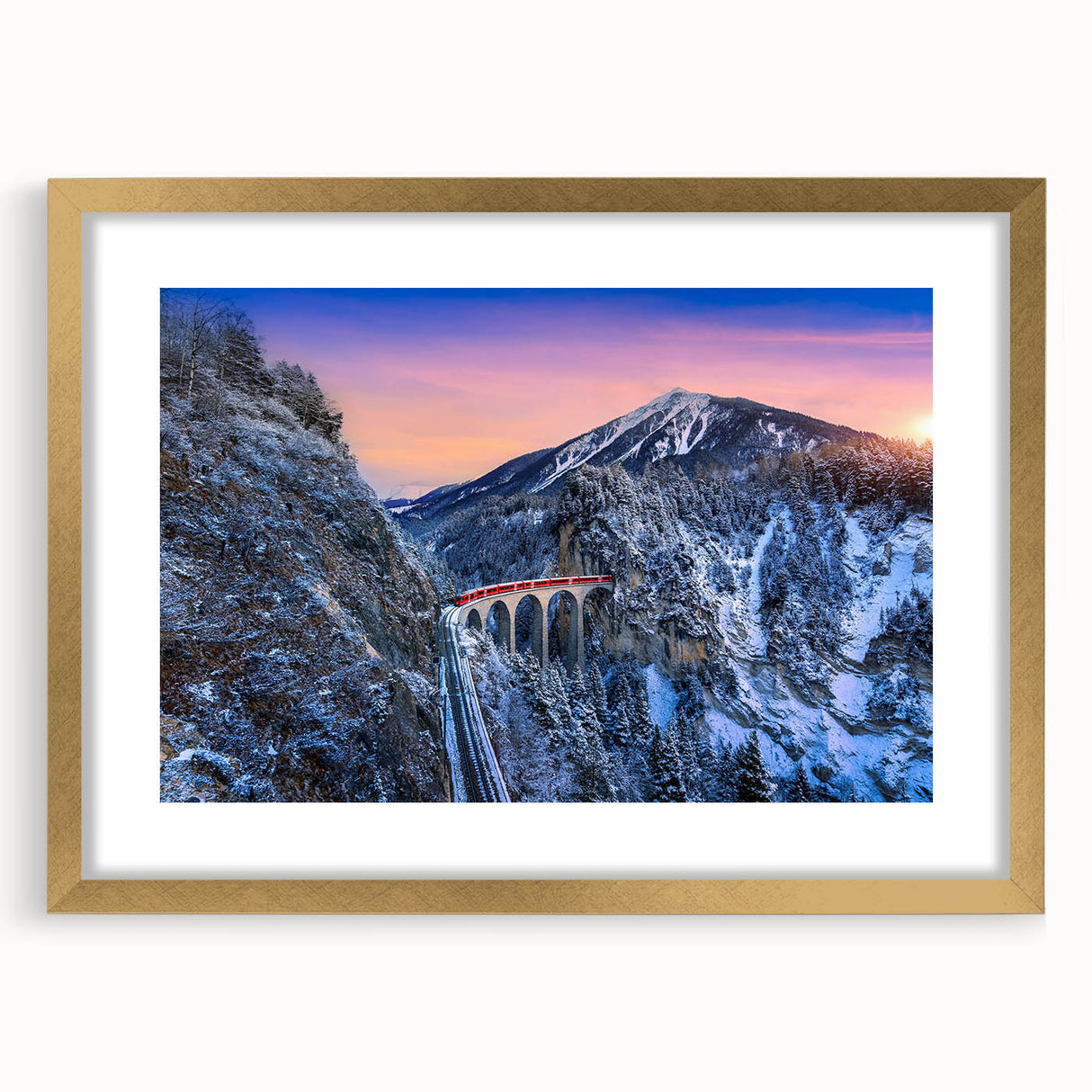 Extra large abstract art print of a stylized train, featuring textured gold and black tones on a framed canvas.