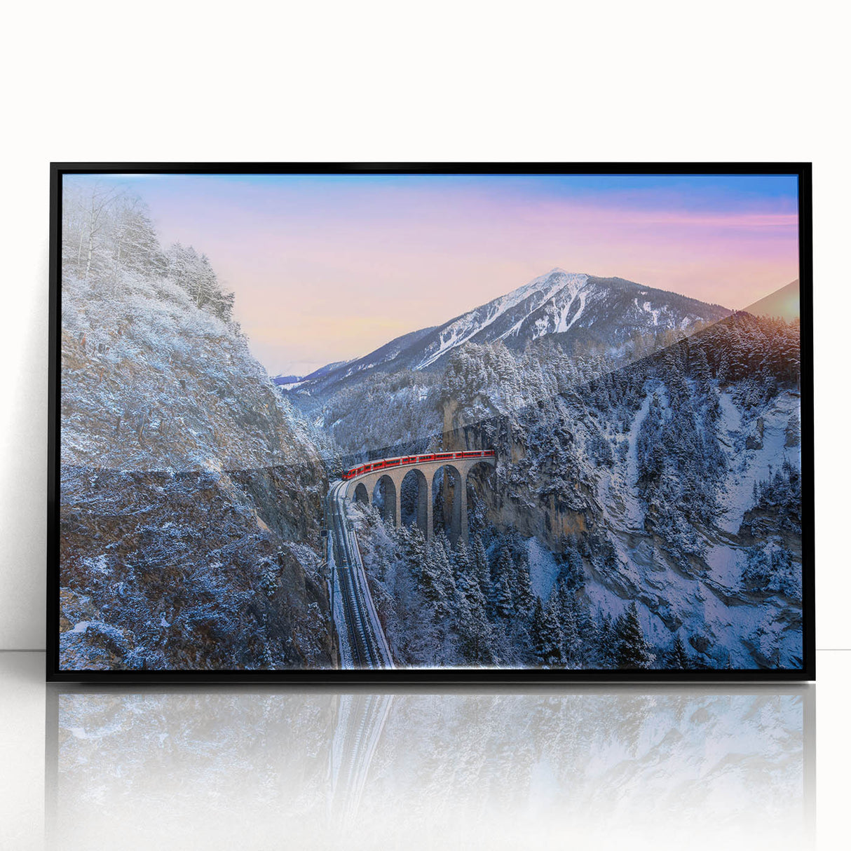 Large abstract wall art featuring a train in mid-century modernist style.