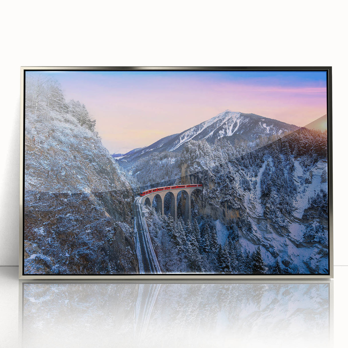 Mid-century modernist art depicting a silver train, framed in acrylic, with cool gray tones, ideal for nursery wall art.