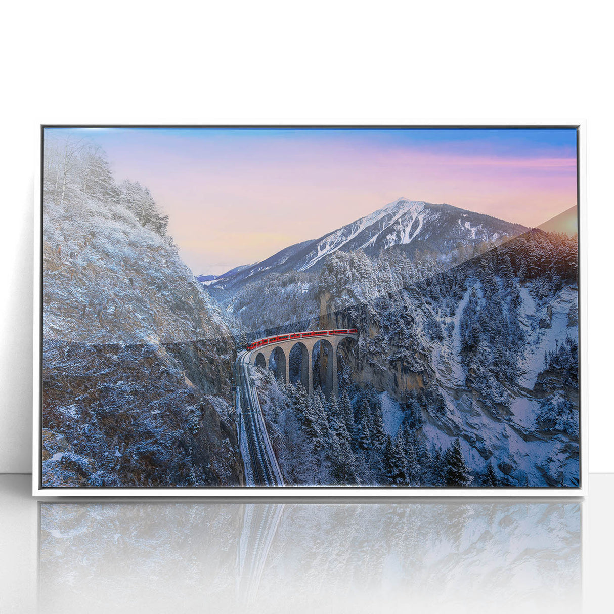 Art deco train poster in bold red and blue tones on white acrylic, ideal for nursery wall decor.