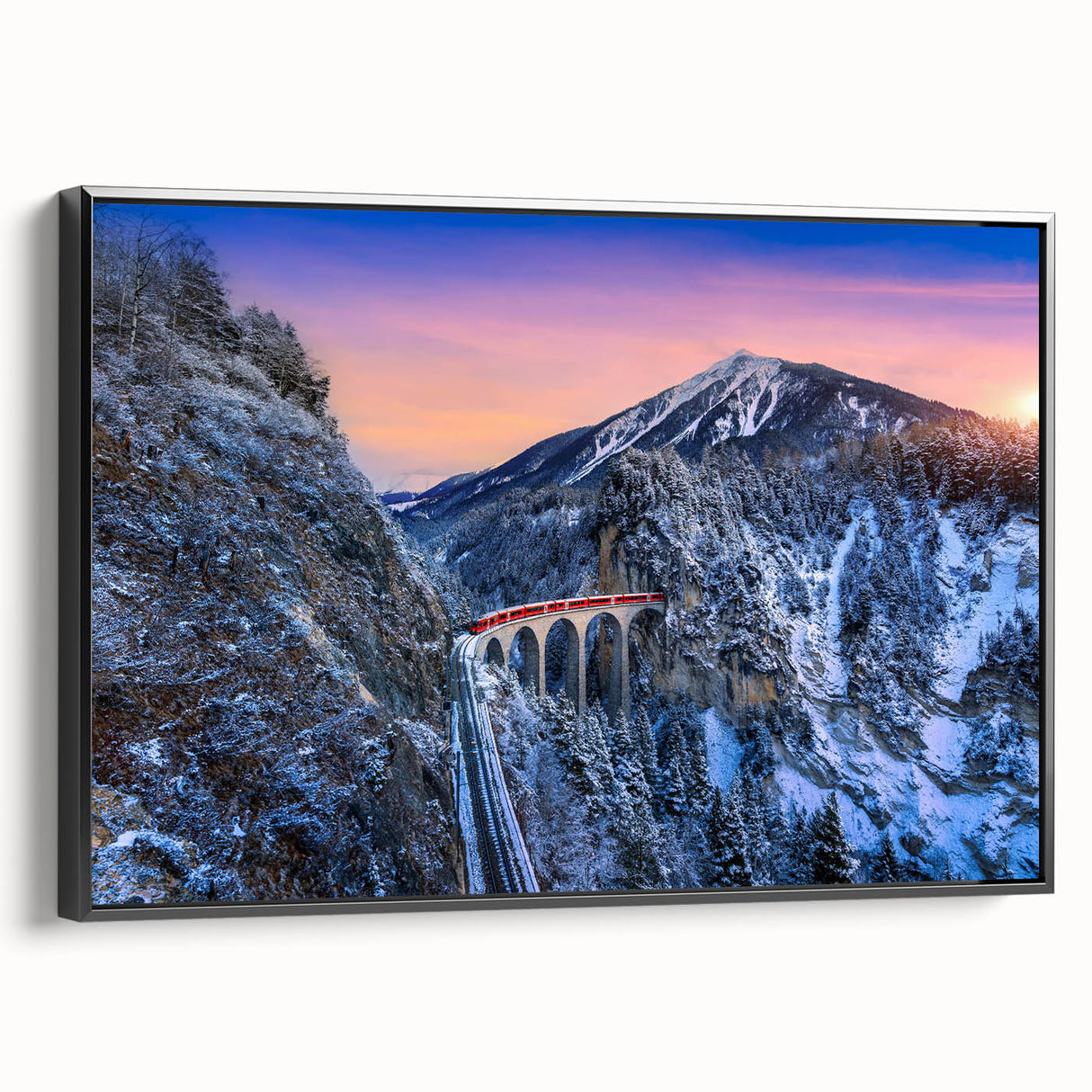 Black and white vintage poster art of a train on a framed canvas, suitable for bedroom wall placement.