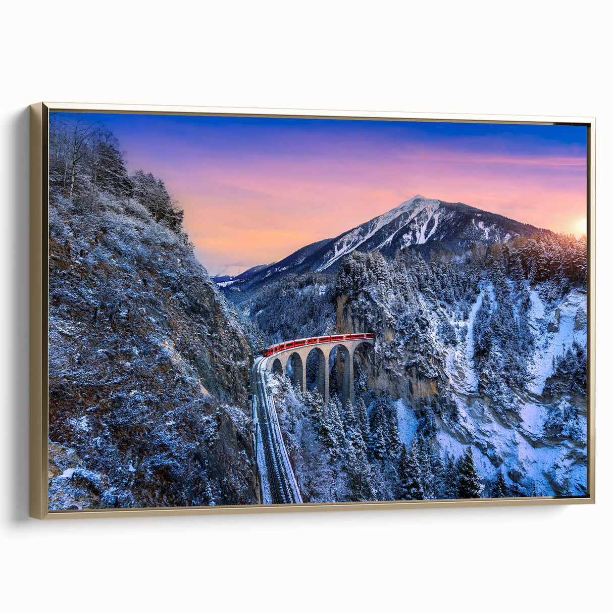 Framed canvas featuring a vintage train landscape in black and gold, ideal for bedroom wall art.