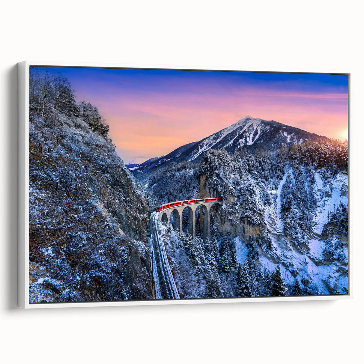 Vintage poster art featuring a colorful train on a black background, framed canvas, ideal for living room decor.