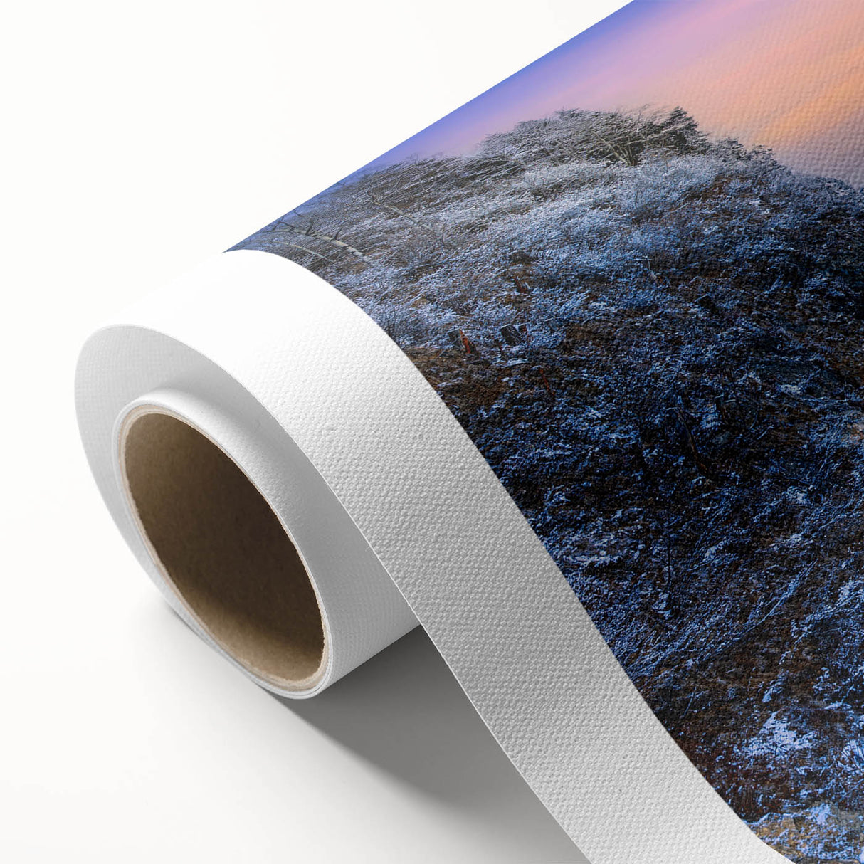 Art deco style train illustration in muted blues and grays on rolled canvas, ideal for nursery wall art.