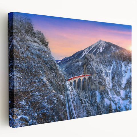 Side view of a vintage train depicted in muted earth tones on a stretched canvas, suitable for kitchen wall art.