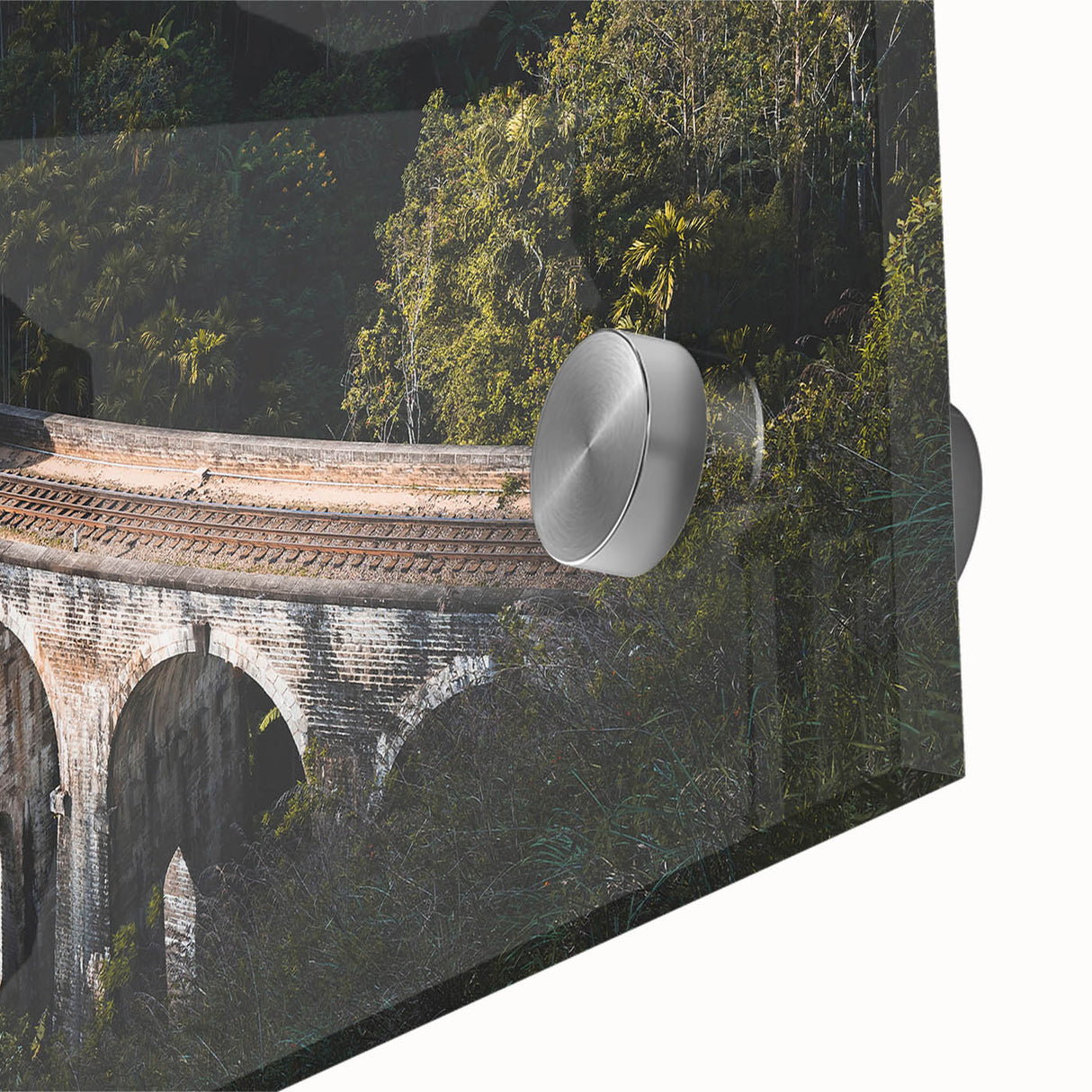 Large abstract wall art featuring a mid-century modernist train print in muted earth tones on acrylic glass.