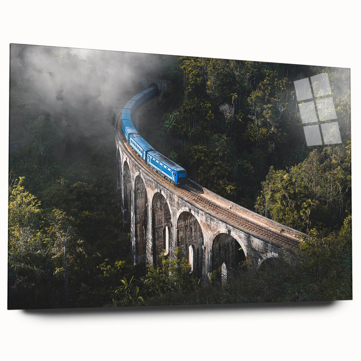 Acrylic print of a side-view train in muted metallic tones, ideal for bedroom or dining room art.