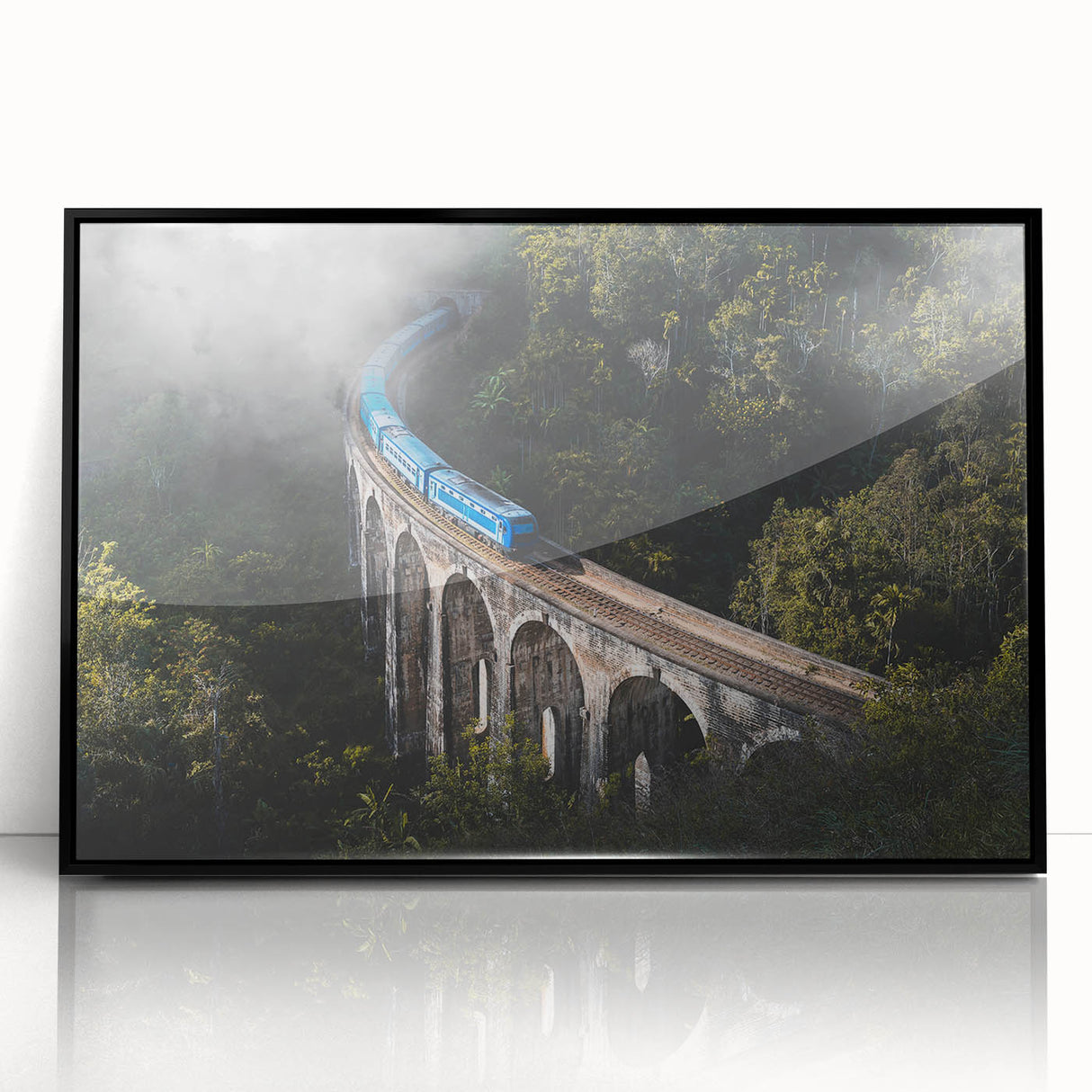 Large abstract wall art of a stylized train in black and white tones, acrylic print, suitable for modern living room decor.