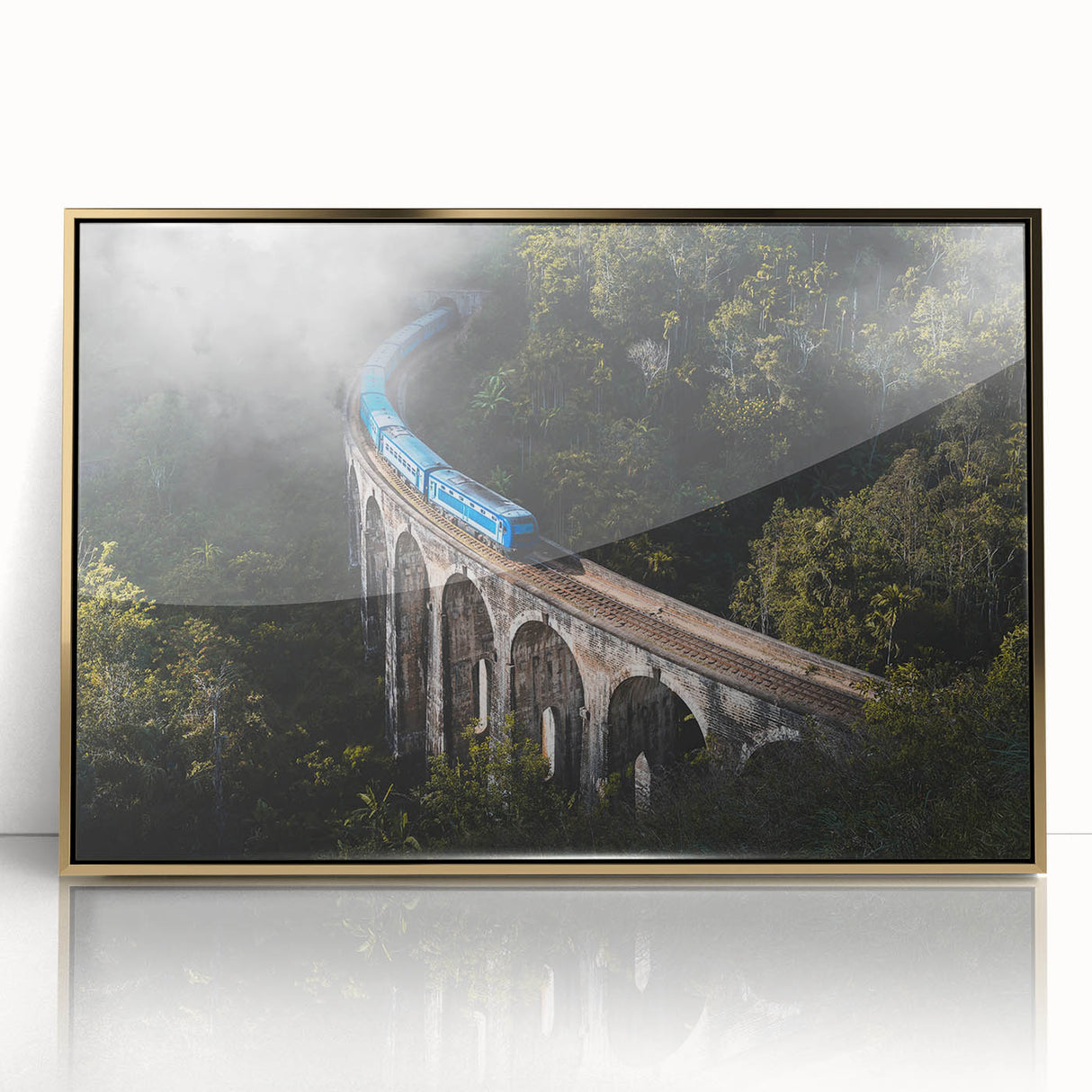 Mid-century modernist train print in muted earth tones on a framed acrylic, ideal for nursery wall decor.