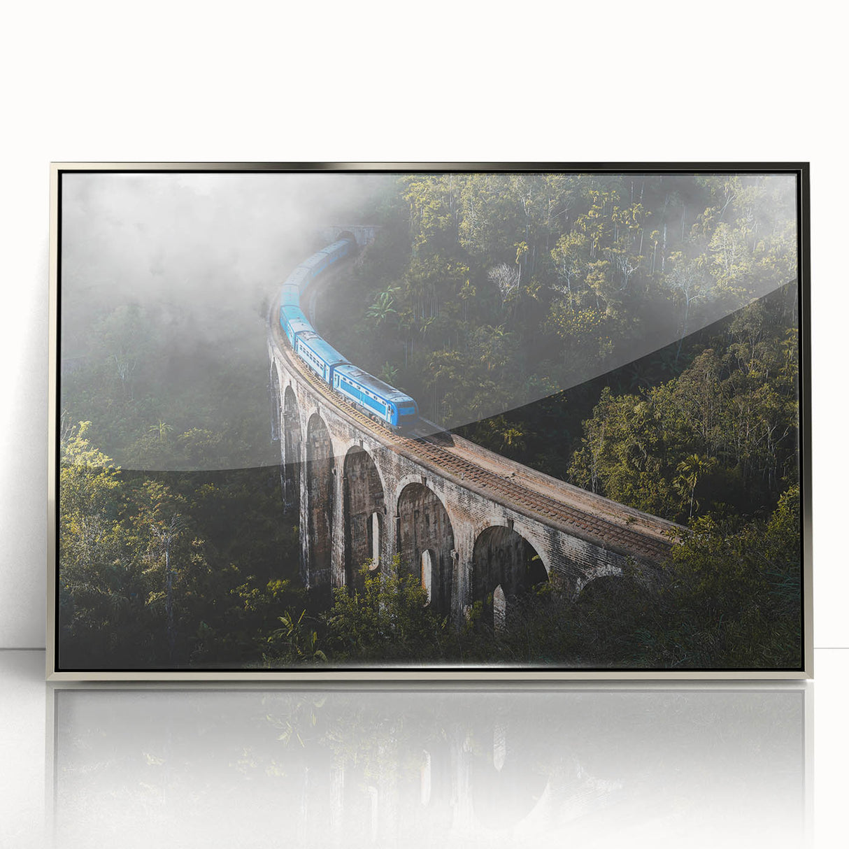 Mid-century modernist art of a train in muted earth tones on a silver-framed acrylic, ideal for nursery wall art.