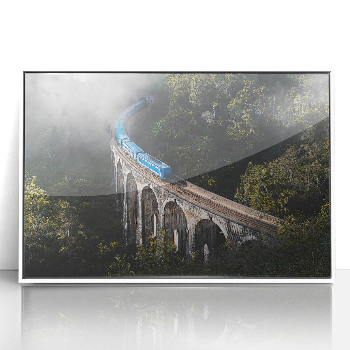 Art deco train poster in vibrant primary colors, framed acrylic, ideal for nursery wall decor.