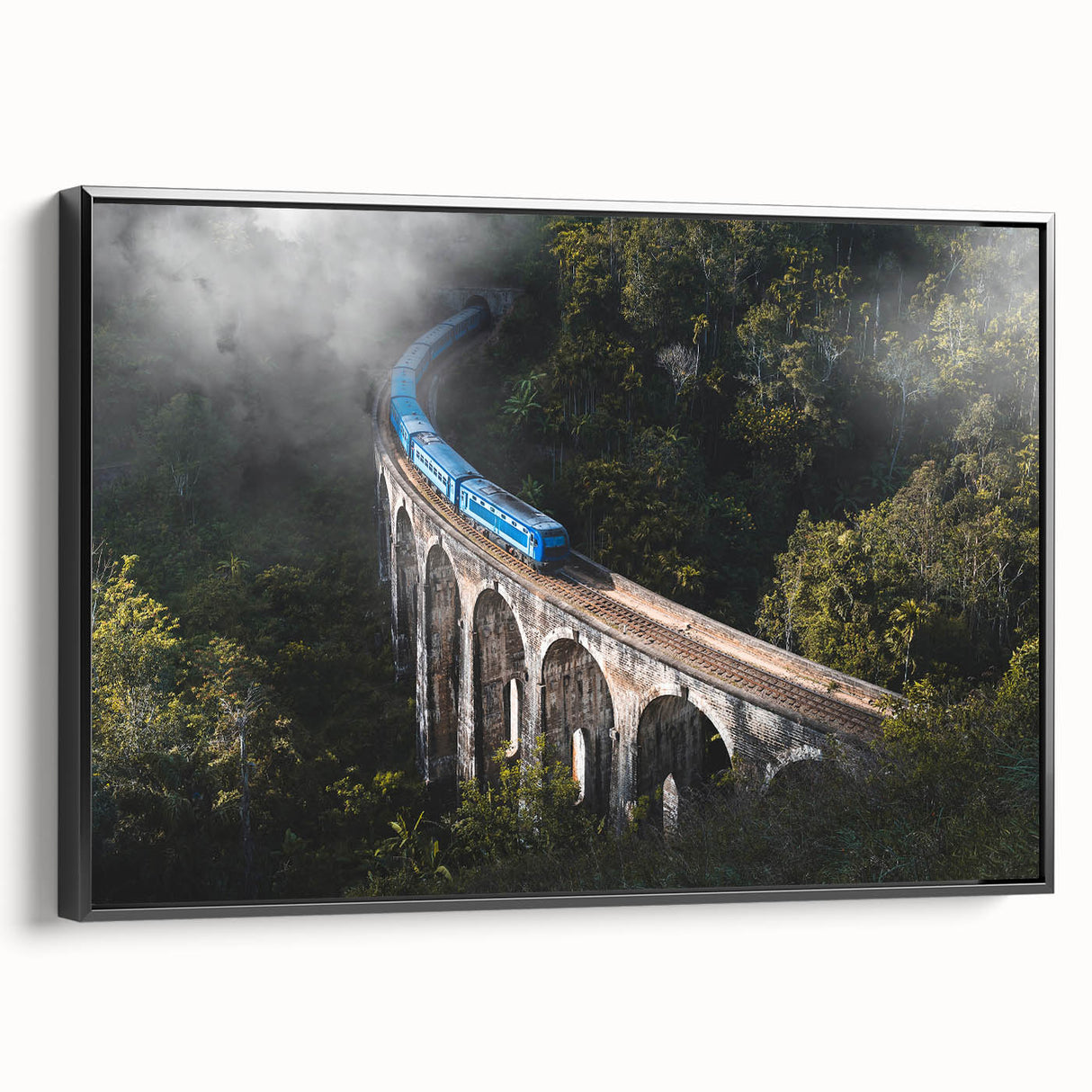 Black and white framed canvas featuring a vintage train landscape, ideal for bedroom wall decor.