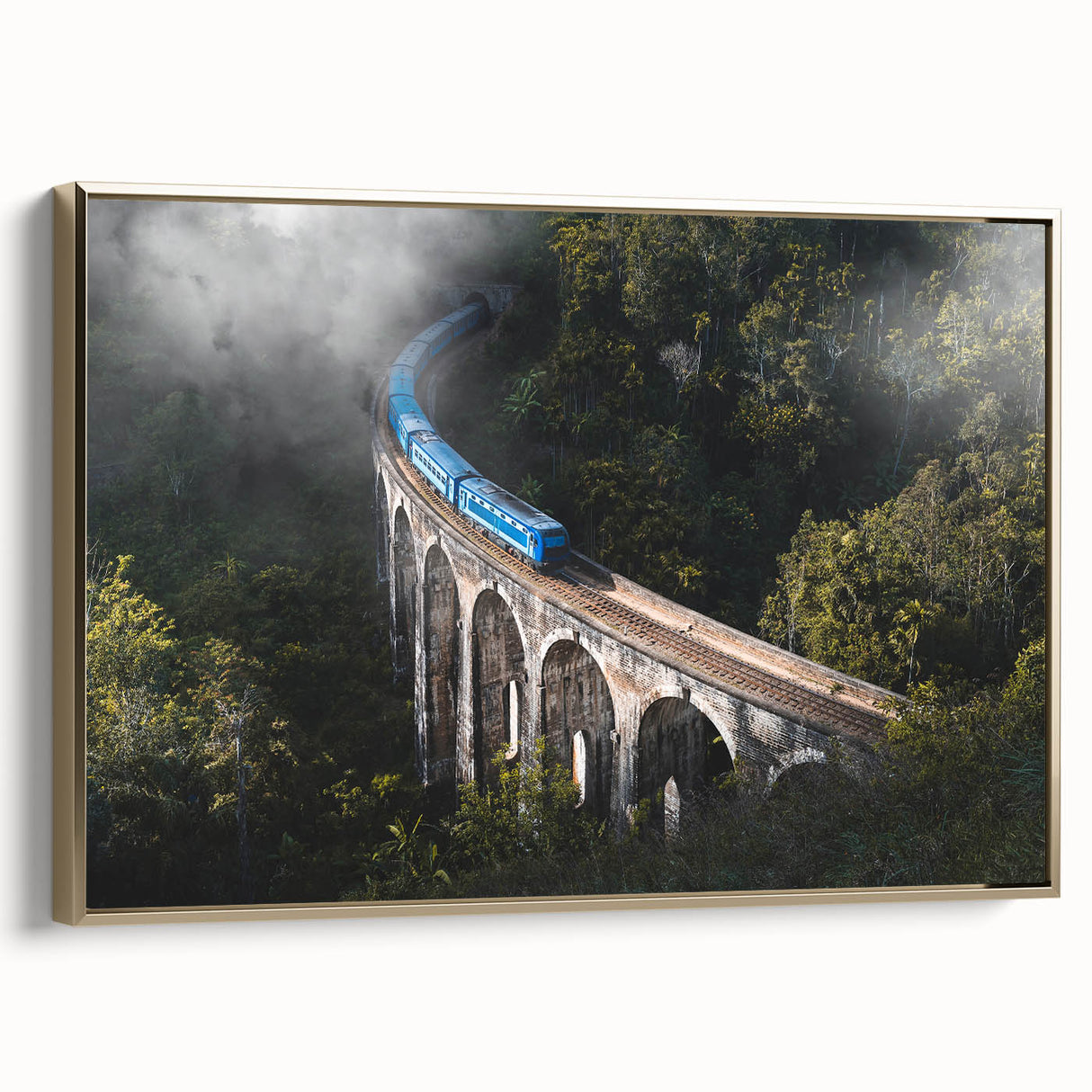 Framed canvas of a vintage train in black and gold, ideal for bedroom wall art.