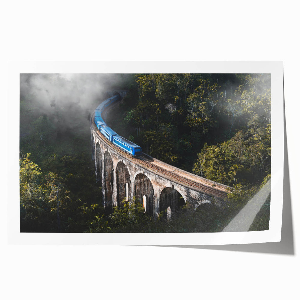 Vintage train illustration in muted earth tones on a rolled canvas, suitable for art wall dining room.