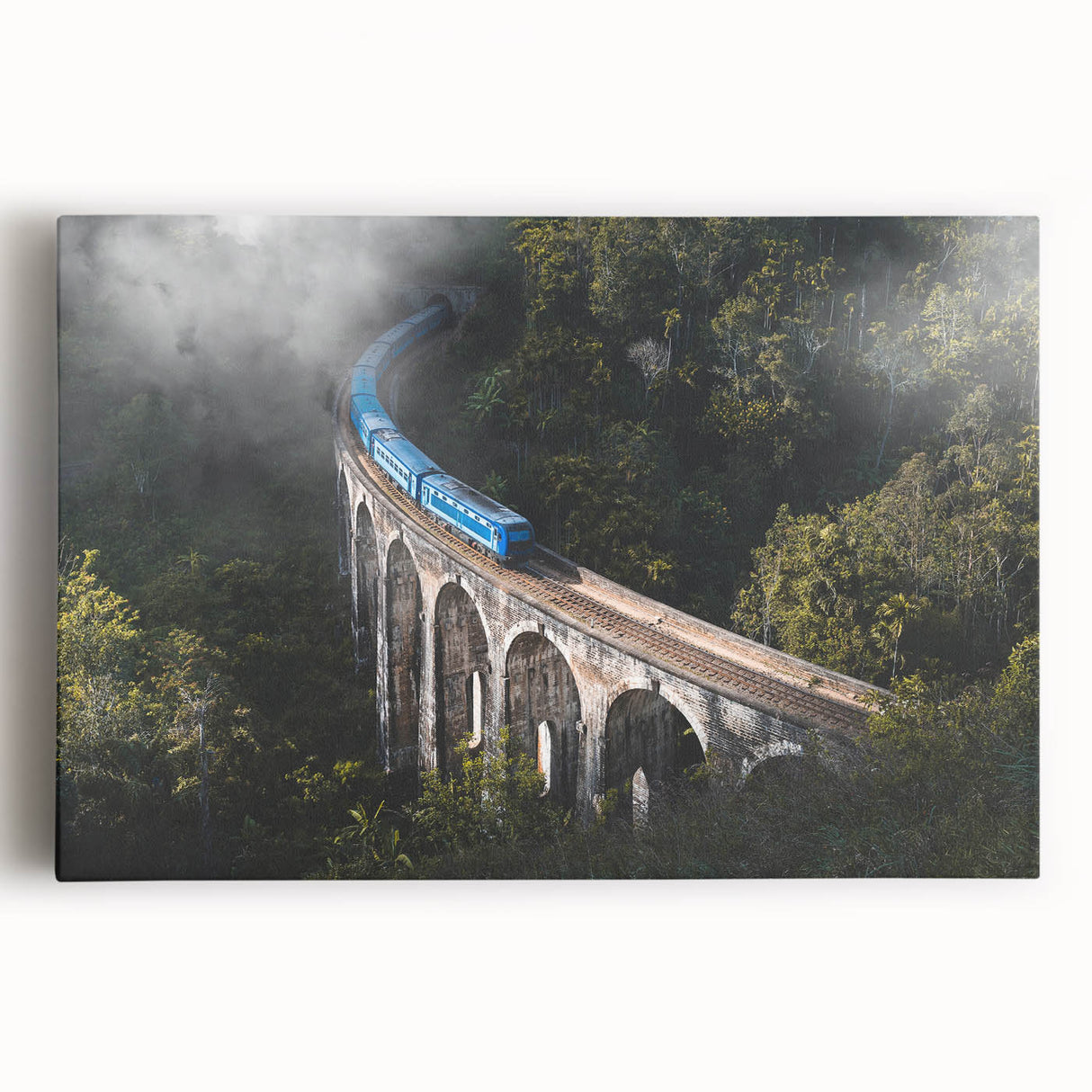 Black and white photo of a vintage train on stretched canvas, ideal for kitchen wall art.