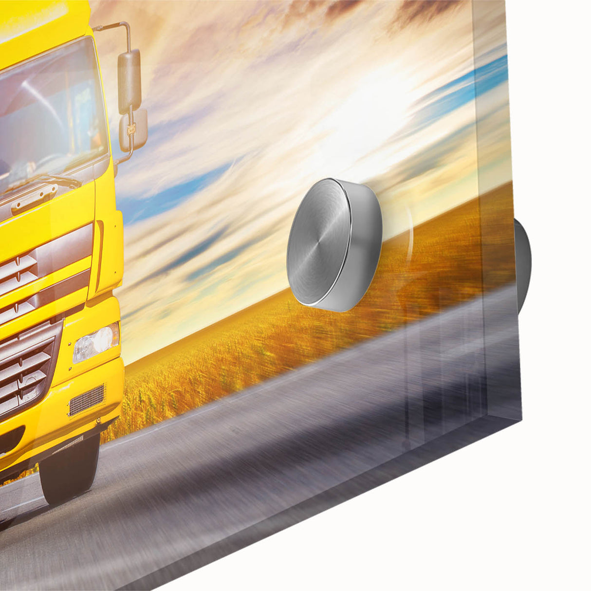 Large abstract wall art featuring colorful geometric trucks on acrylic glass.
