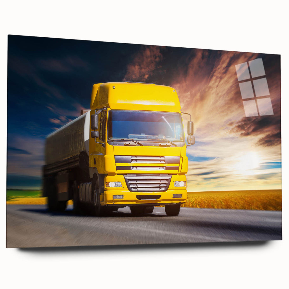 Acrylic print of abstract trucks in neutral tones, suitable for bedroom or dining room decor.