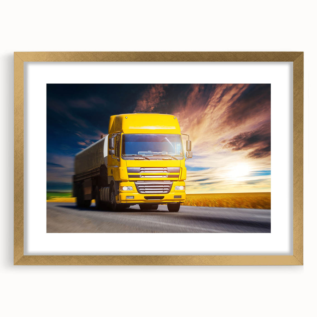 Extra large abstract art print of colorful trucks in gold frame, ideal for living room decor.