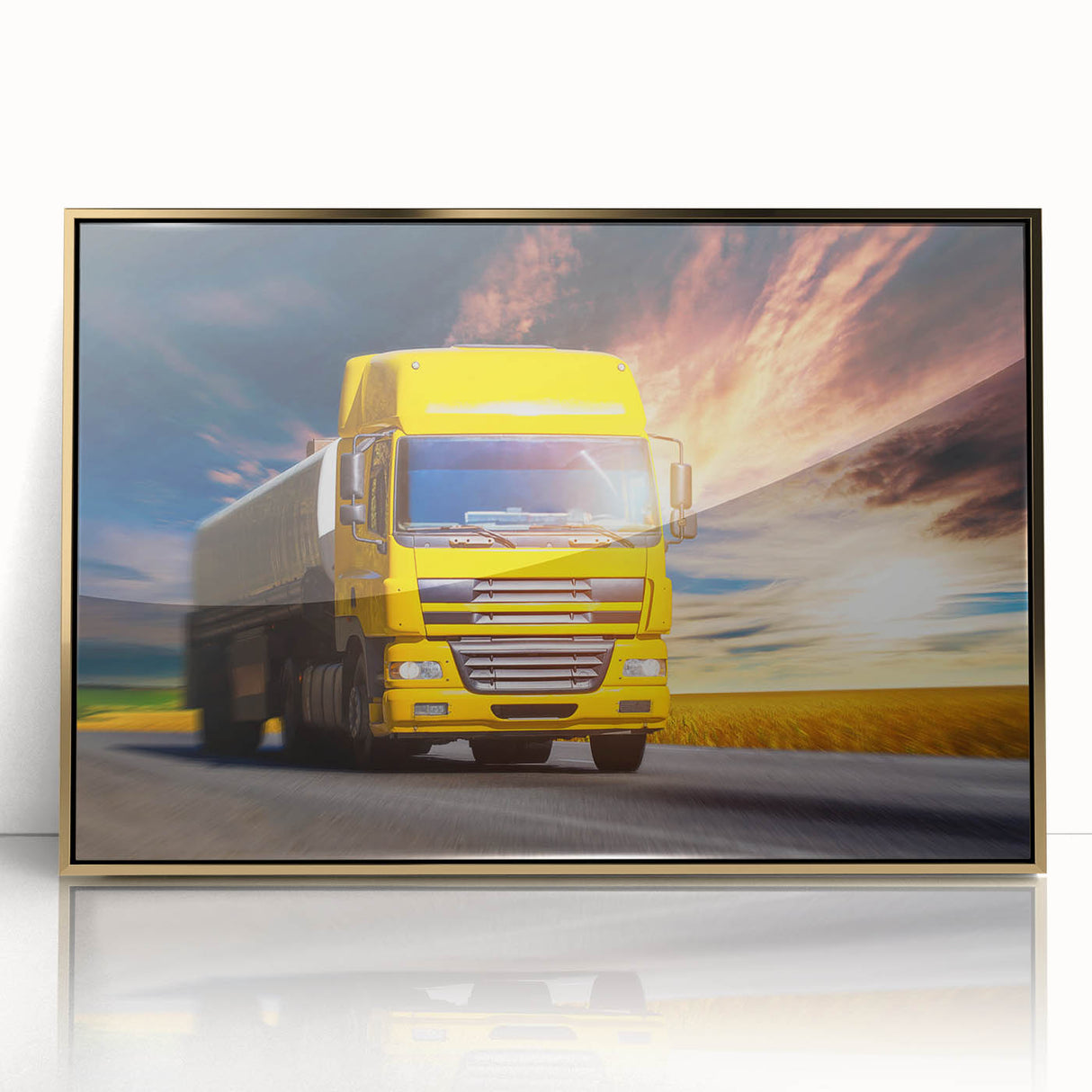 Mid-century modernist art featuring colorful trucks on a large acrylic print, suited for nursery wall decor.