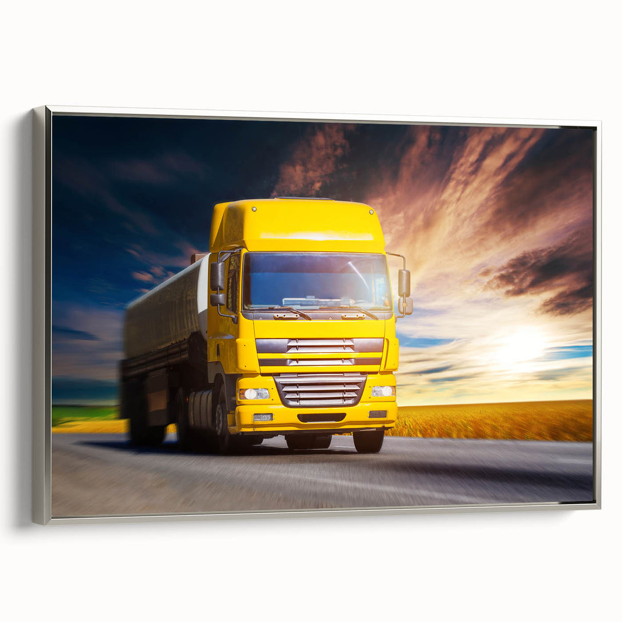 Framed canvas featuring a vintage poster of colorful trucks in a black landscape, ideal for a home office.