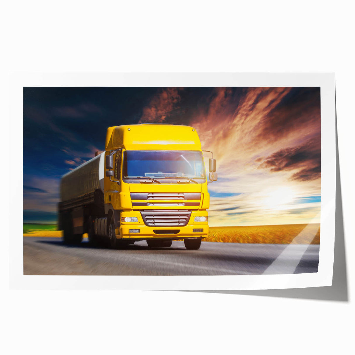 Extra large wall art featuring a collection of vintage trucks in muted earth tones on a rolled print.