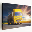 Side view of a colorful truck on stretched canvas, with vibrant hues, ideal for kitchen wall art.