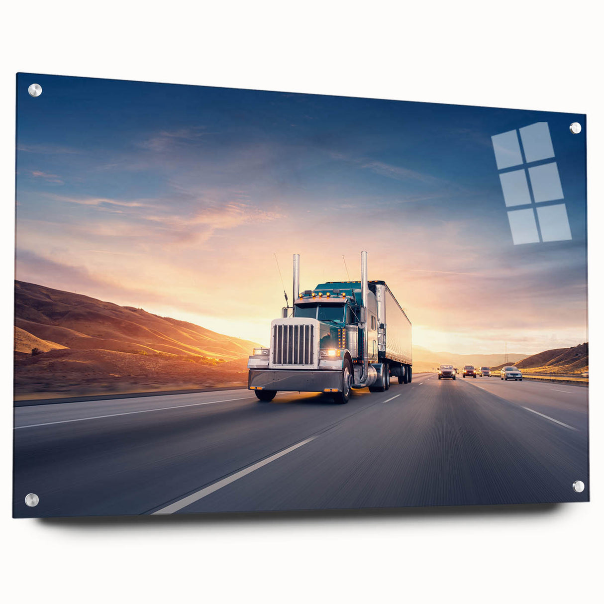 Acrylic print of a large abstract depiction of trucks in muted gray and blue tones.