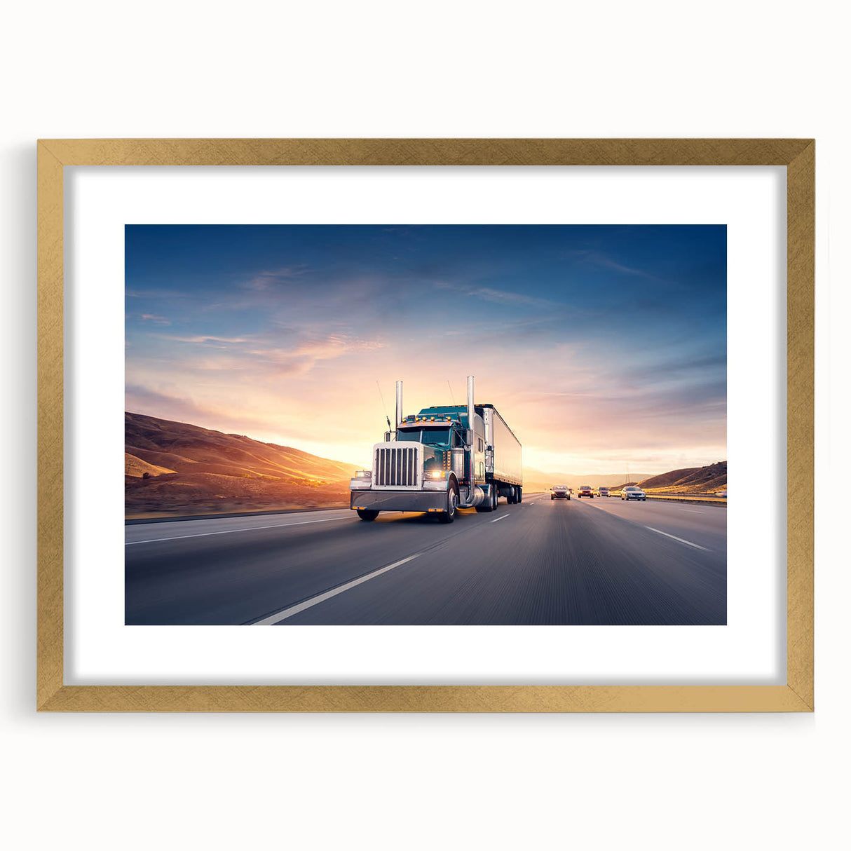 Extra large abstract art print of textured trucks in gold frame, with vibrant colors, ideal for living room decor.
