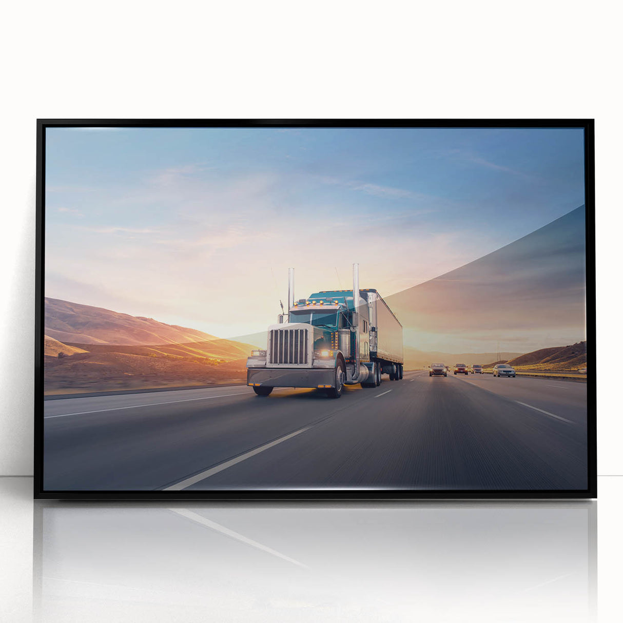 Large abstract wall art featuring a collection of stylized trucks in black and gray tones on a framed acrylic.