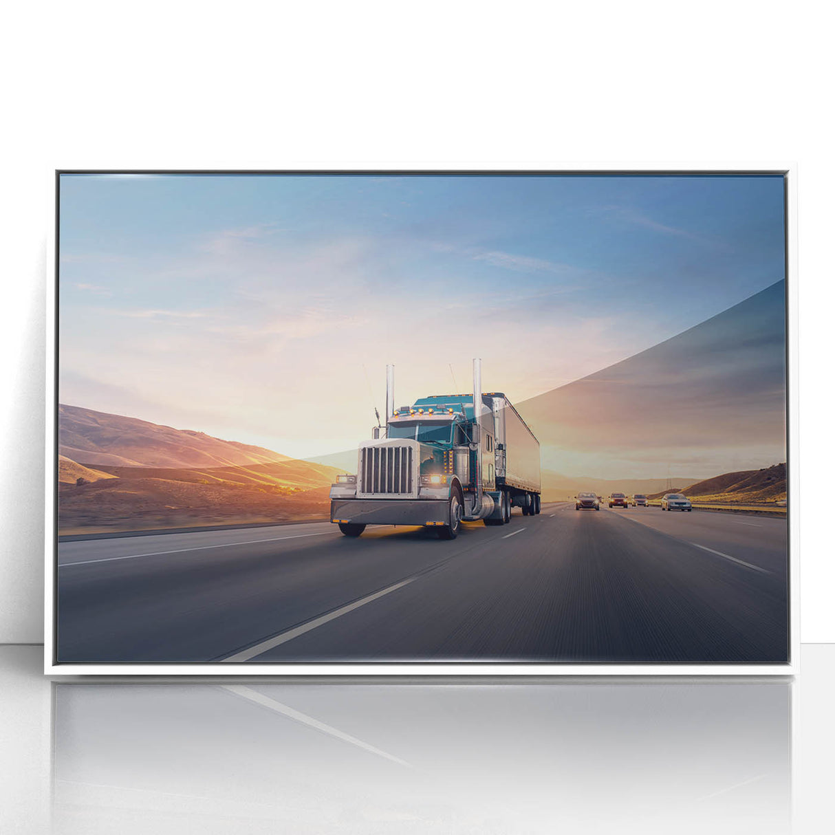 Art deco poster of colorful trucks in a line on white acrylic, framed, ideal for nursery wall decor.