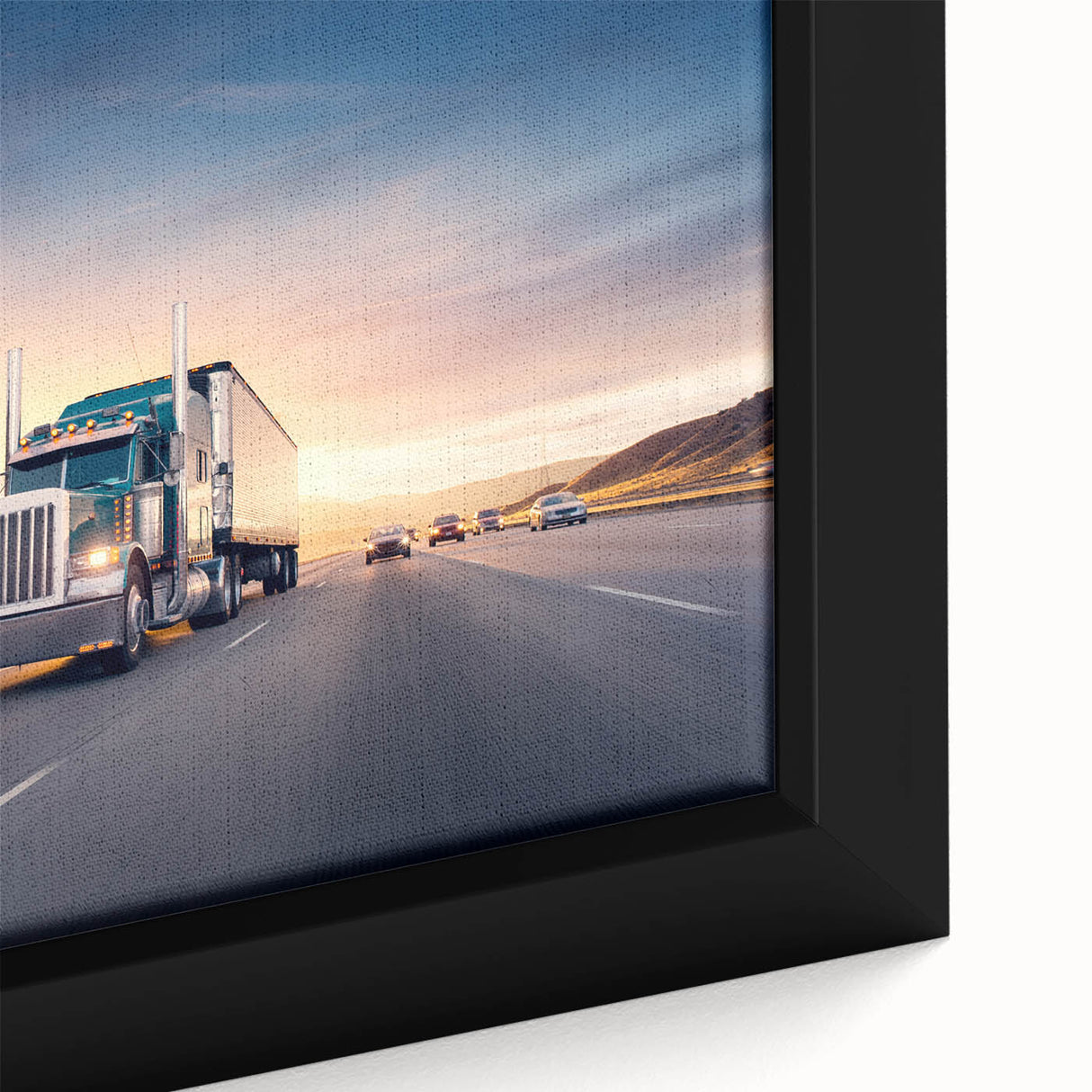 Framed canvas featuring a close-up of colorful, textured trucks on a black background, ideal for living room decor.
