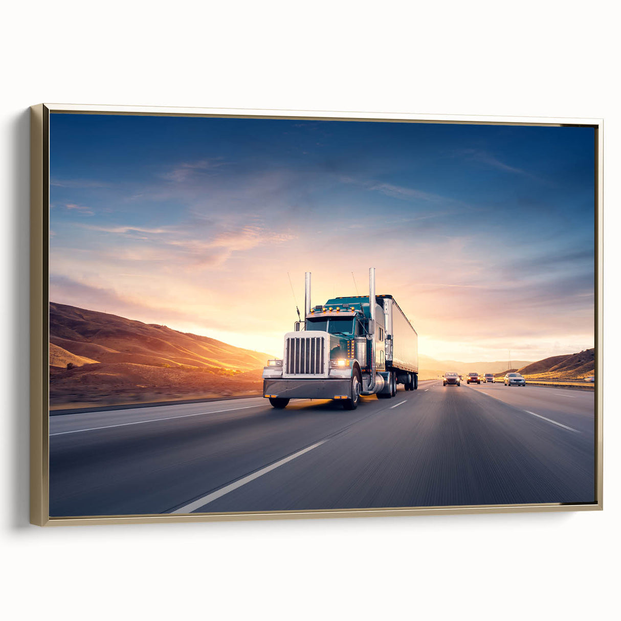 Vintage poster art of trucks on a landscape, in black and gold tones, framed canvas, ideal for bedroom wall decor.