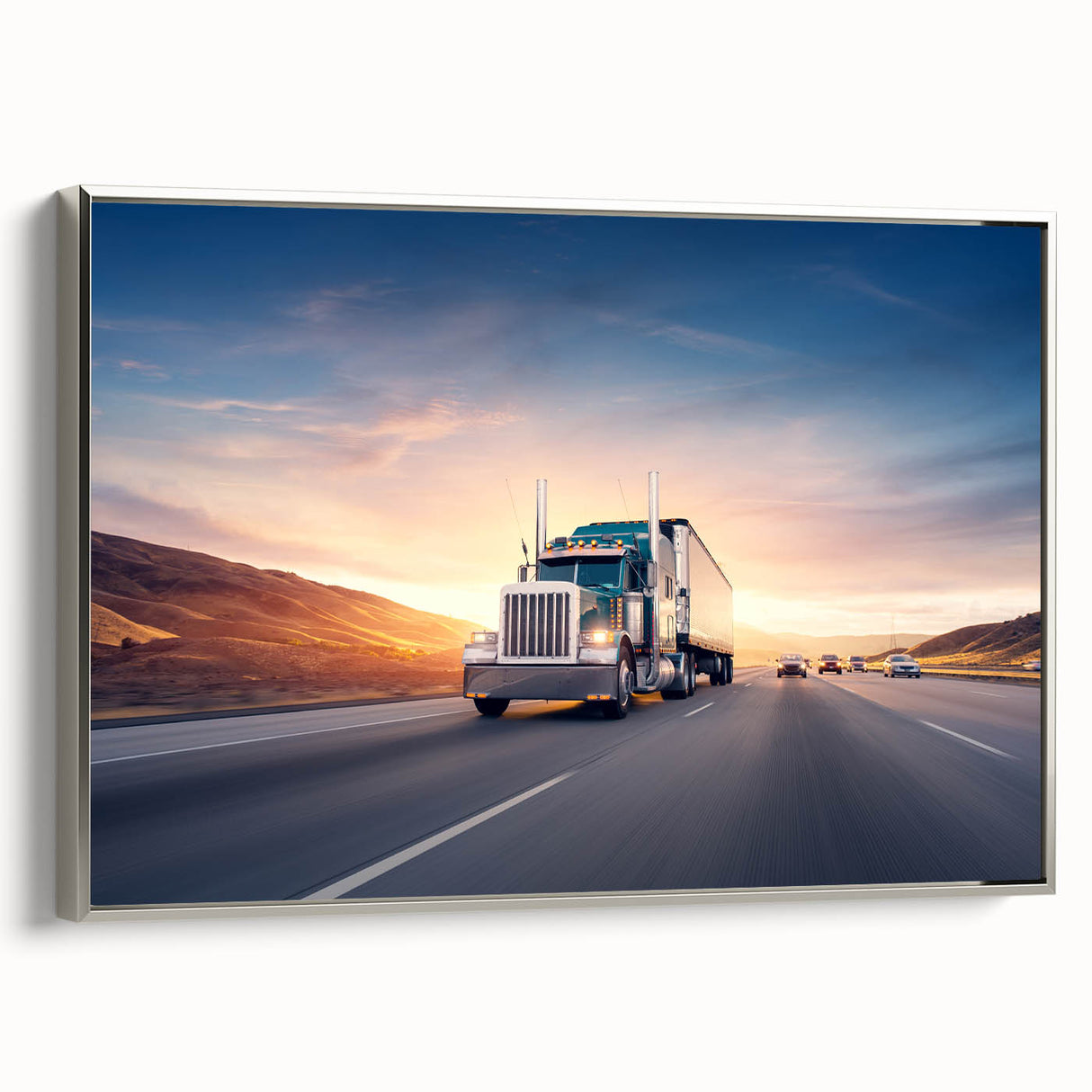 Framed canvas featuring a vintage poster of colorful trucks in a landscape, ideal for a retro-themed living room.