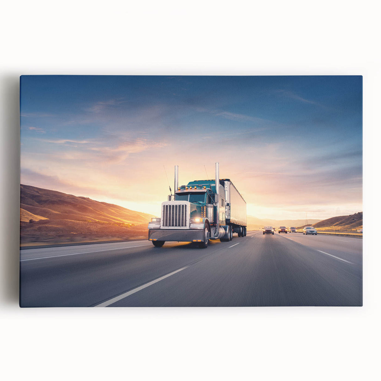 Black and white photo of vintage trucks on stretched canvas, ideal for kitchen wall art.