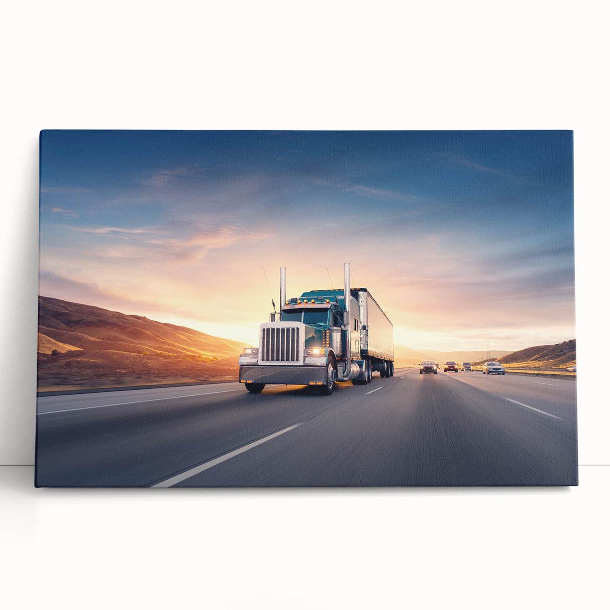 Black and white illustration of trucks on a stretched canvas, ideal for kitchen wall art or bedroom decor.