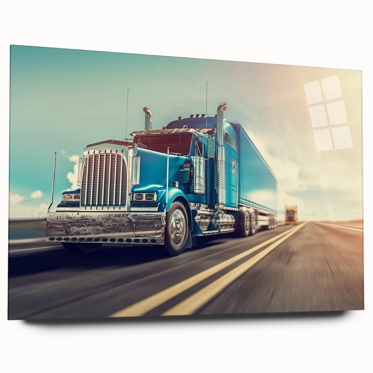 Acrylic print of large abstract trucks in gray and blue tones, suitable for bedroom or dining room art.
