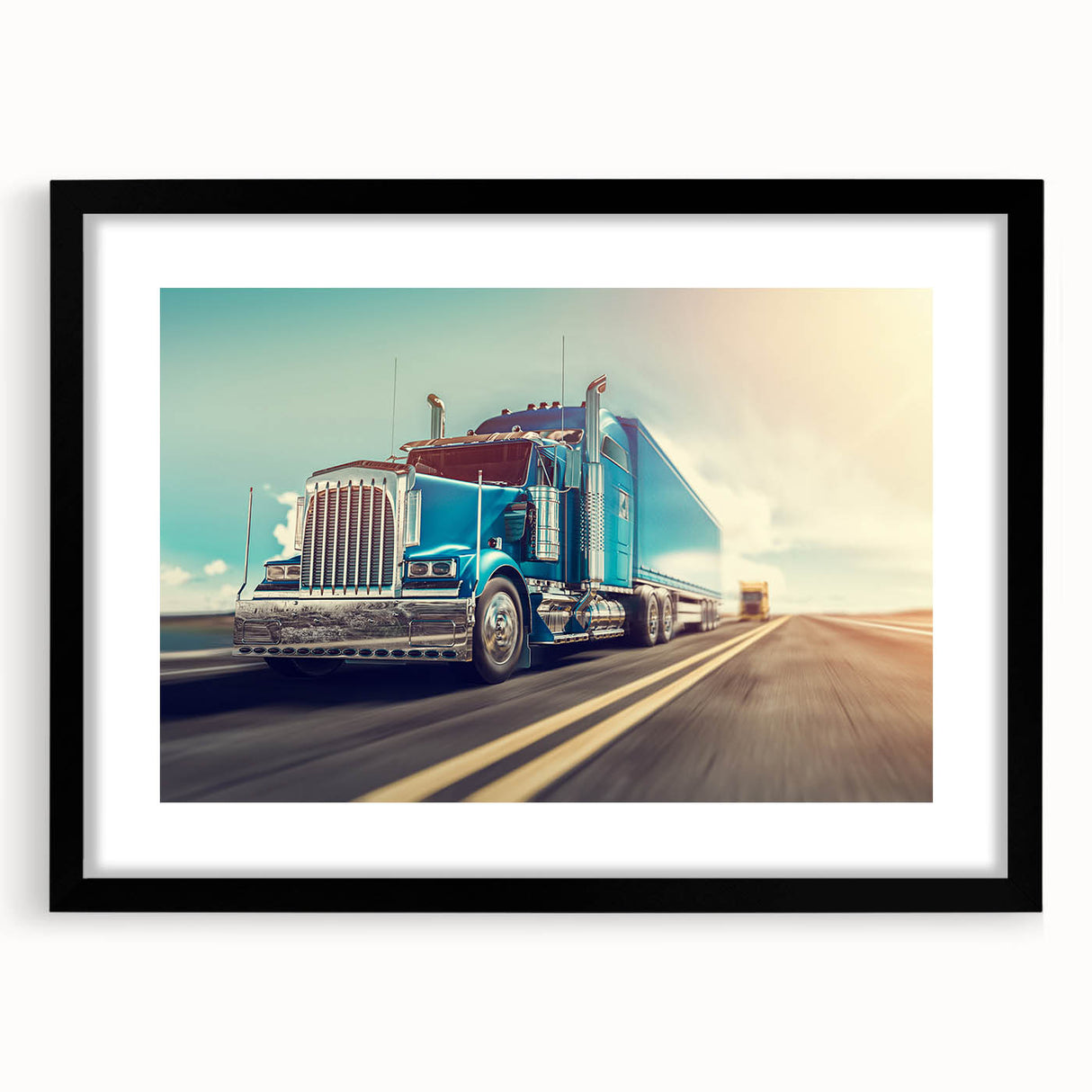Extra large abstract art print featuring colorful, textured trucks, in a black frame with mat, ideal for living room decor.