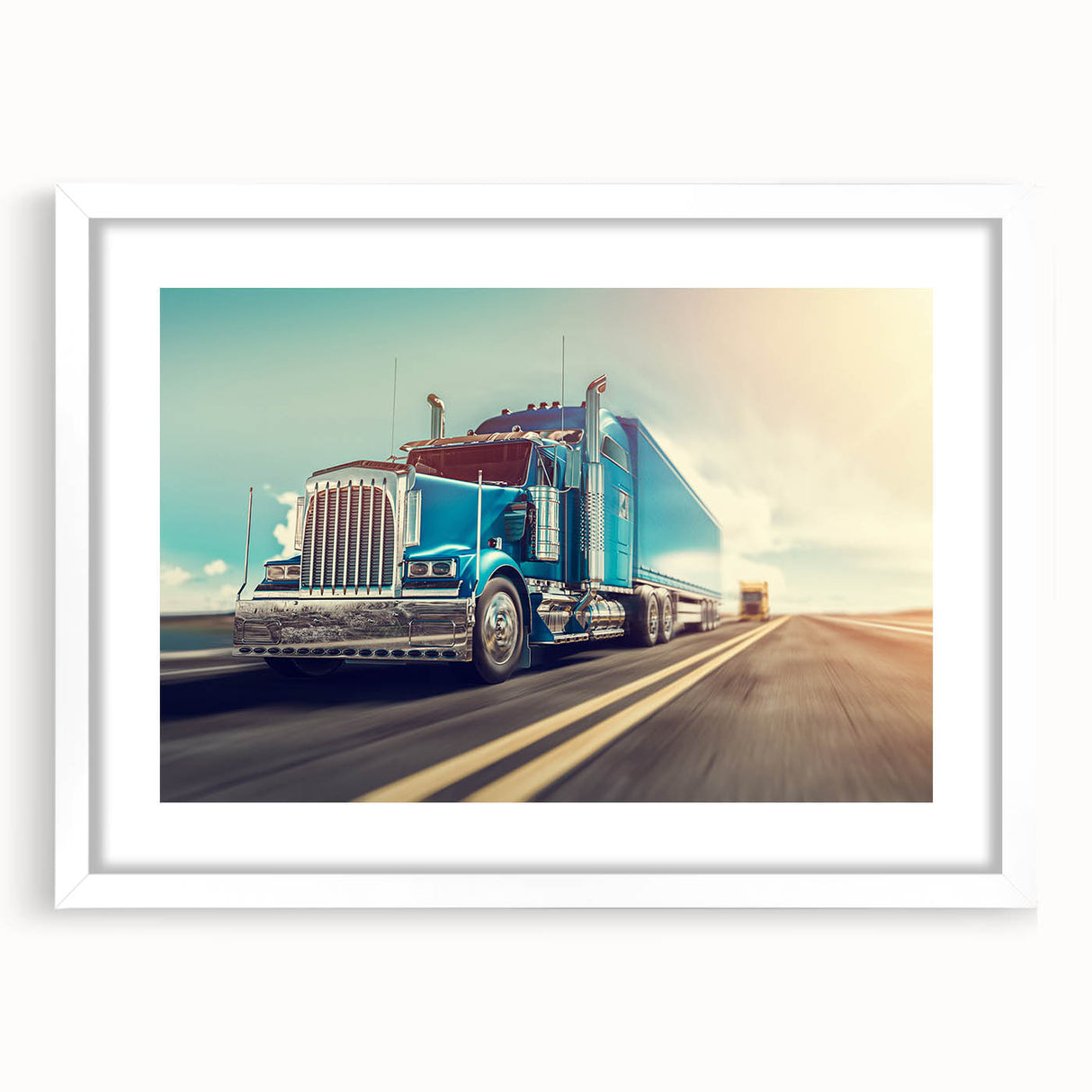 Abstract art print of colorful trucks on a white framed canvas, suitable for bedroom or dining room decor.