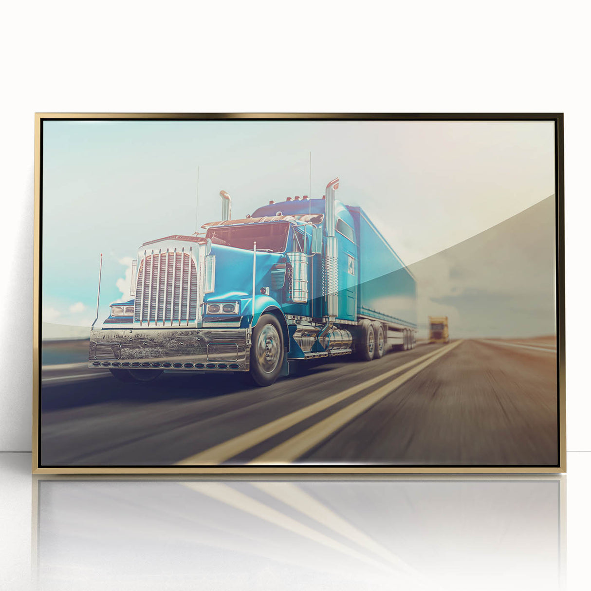 Mid-century modernist art of colorful trucks on a gold-framed acrylic print, suitable for nursery wall decor.