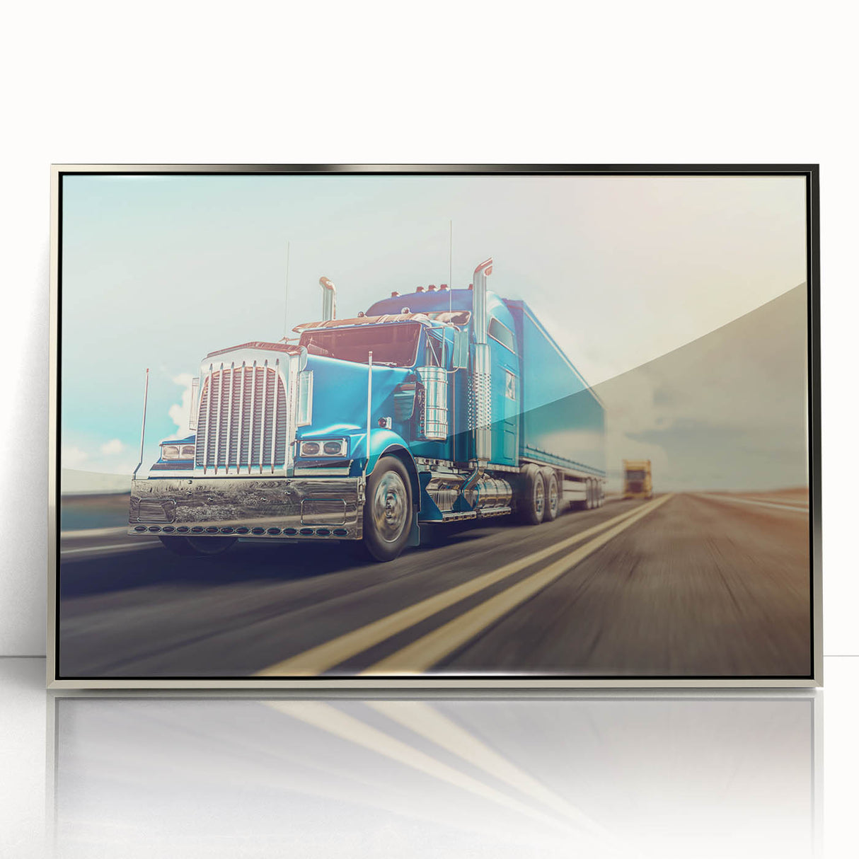 Mid-century modernist art featuring a series of stylized trucks in muted colors on a silver-framed acrylic.
