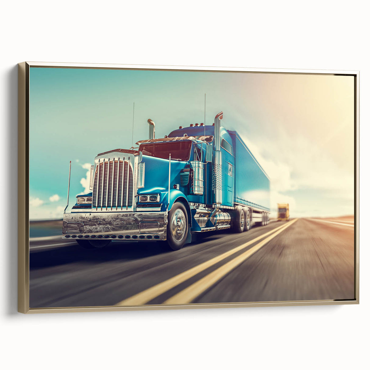 Framed canvas featuring a vintage poster of black trucks in landscape, ideal for bedroom wall art.