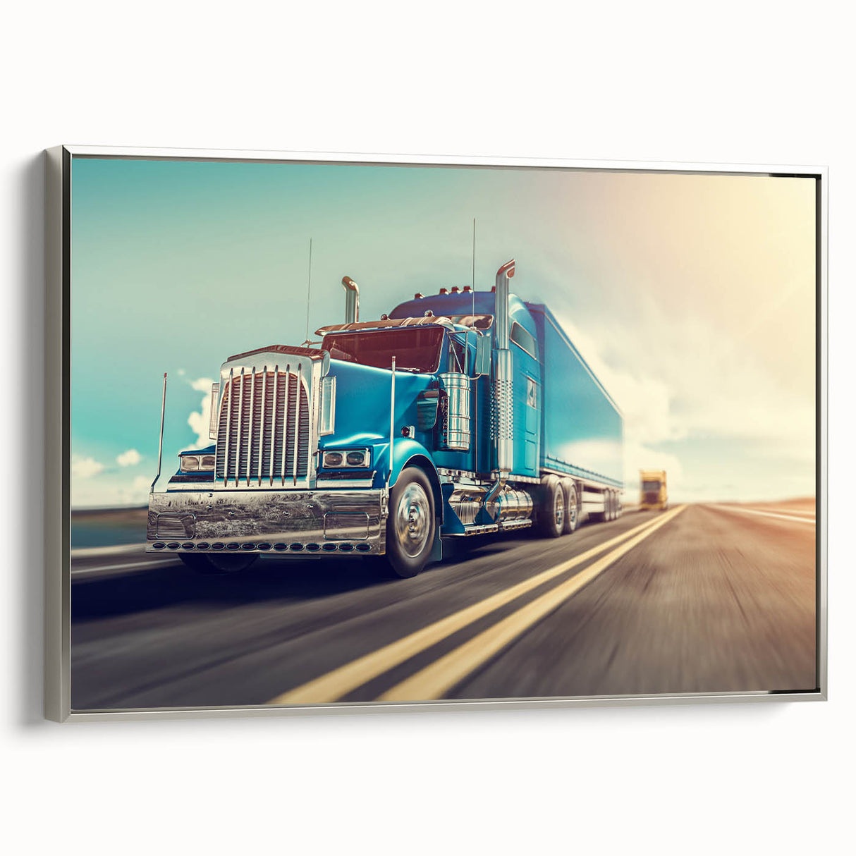 Framed canvas featuring a vintage poster of colorful trucks in profile, set against a black background.