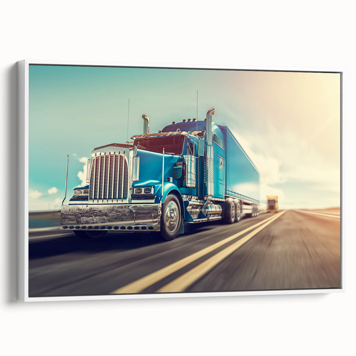 Framed canvas of vintage poster art featuring colorful trucks on a black background, ideal for living room decor.