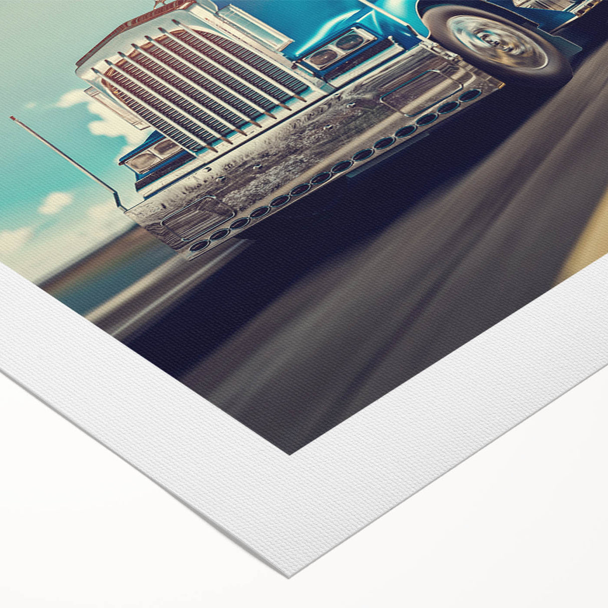 Art deco poster featuring a lineup of vintage trucks in muted earth tones on a rolled canvas, suitable for dining room decor.