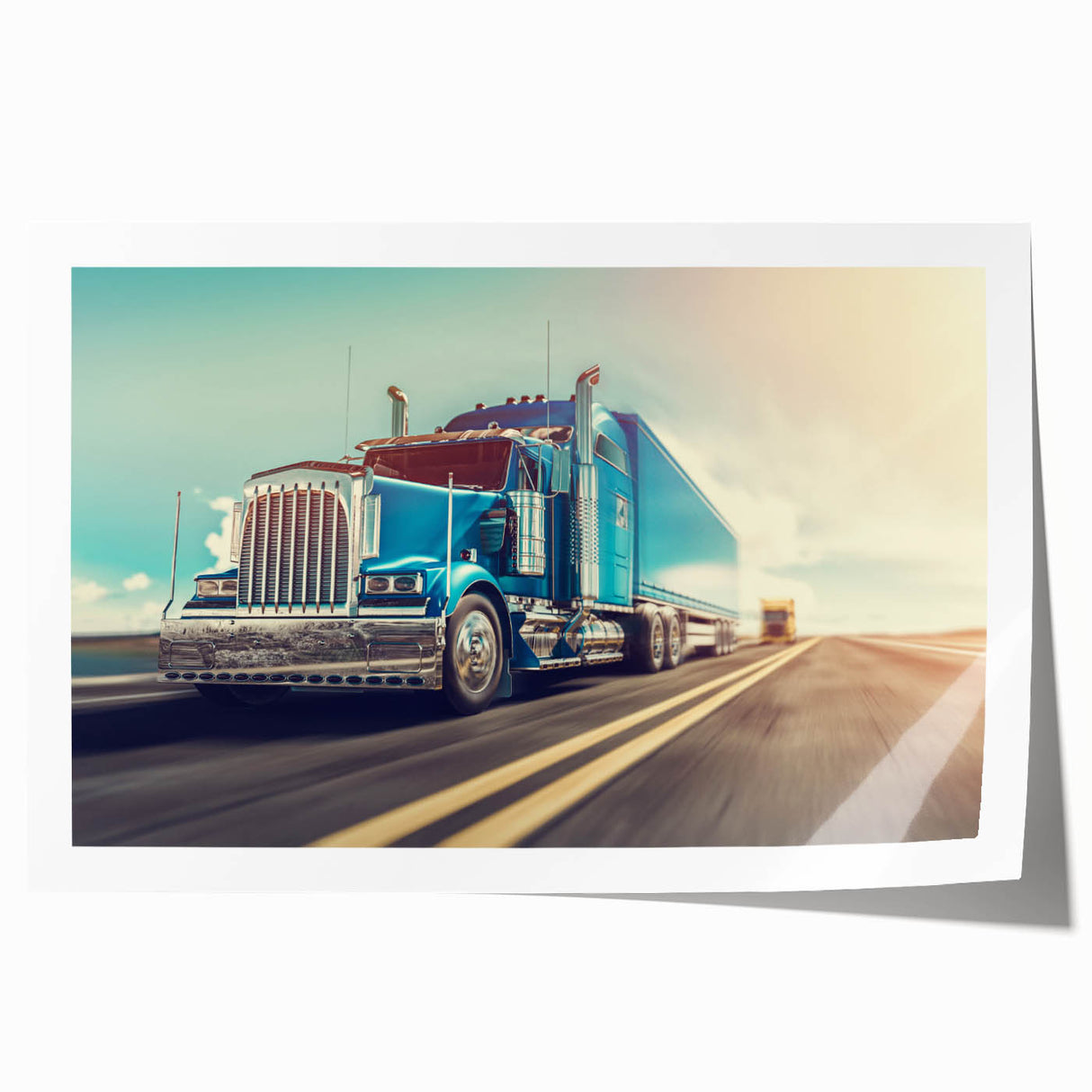 Rolled print of a collection of trucks in various colors, suitable as art wall for dining room.