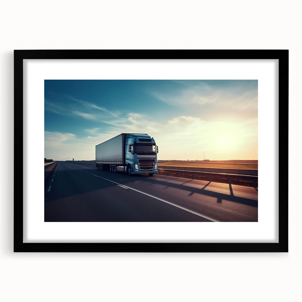 Extra large abstract art print featuring colorful, textured trucks on a black framed canvas, ideal for living room decor.