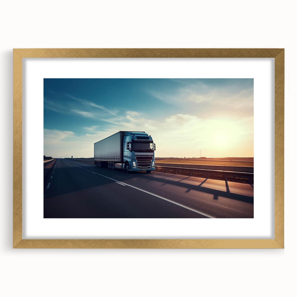Extra large abstract art print of colorful trucks on a textured canvas, framed in gold, ideal for living room decor.