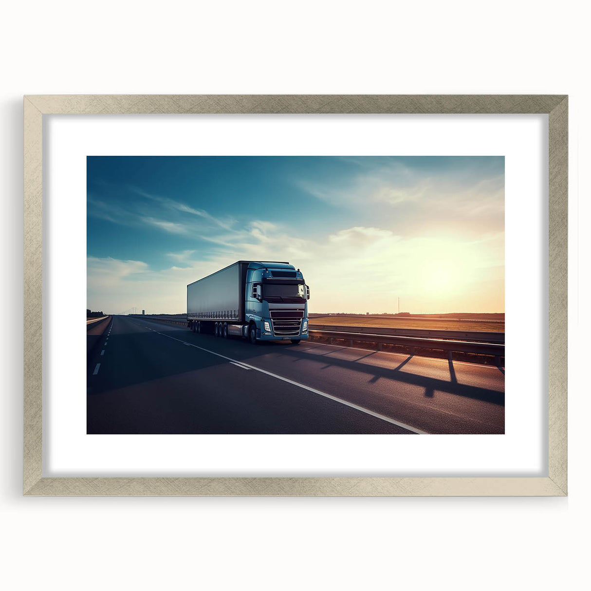 Textured art print of abstract trucks in muted earth tones on a silver-framed mat, ideal for bedroom wall decor.