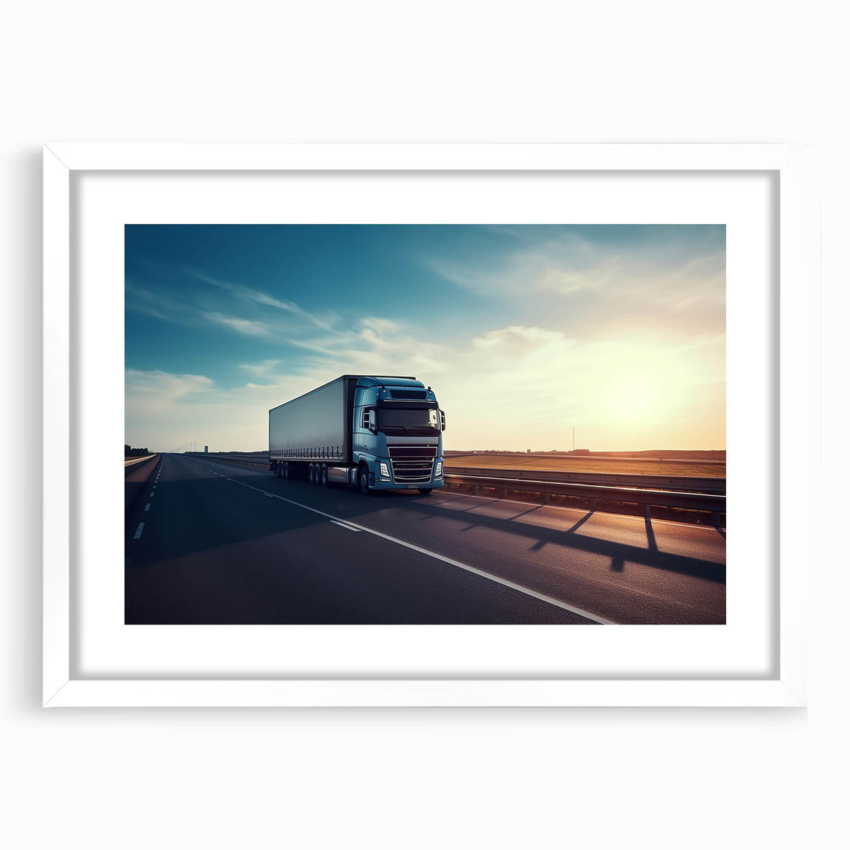 Abstract art print of colorful trucks on white canvas, framed in white, suitable for dining room decor.